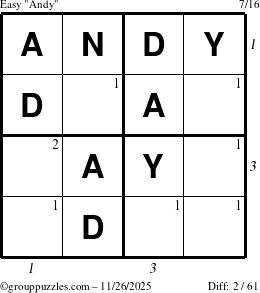 The grouppuzzles.com Easy Andy puzzle for Wednesday November 26, 2025, suitable for printing, with all 2 steps marked