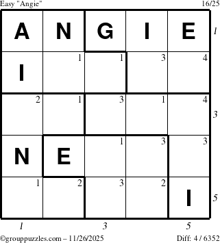 The grouppuzzles.com Easy Angie puzzle for Wednesday November 26, 2025, suitable for printing, with all 4 steps marked