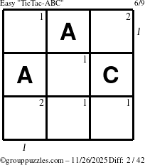 The grouppuzzles.com Easy TicTac-ABC puzzle for Wednesday November 26, 2025, suitable for printing, with all 2 steps marked