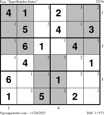 The grouppuzzles.com Easy SuperSudoku-Junior puzzle for Wednesday November 26, 2025, suitable for printing, with all 3 steps marked