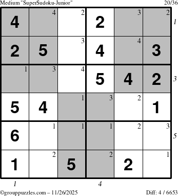 The grouppuzzles.com Medium SuperSudoku-Junior puzzle for Wednesday November 26, 2025, suitable for printing, with all 4 steps marked