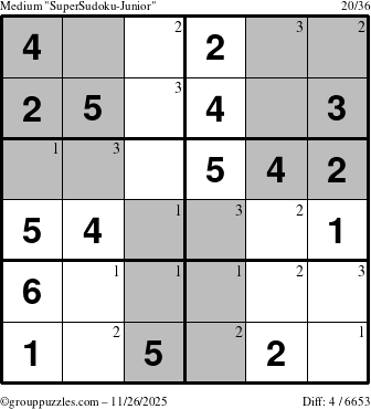 The grouppuzzles.com Medium SuperSudoku-Junior puzzle for Wednesday November 26, 2025 with the first 3 steps marked