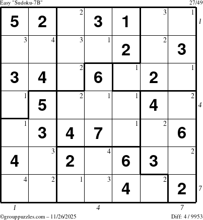 The grouppuzzles.com Easy Sudoku-7B puzzle for Wednesday November 26, 2025 with all 4 steps marked