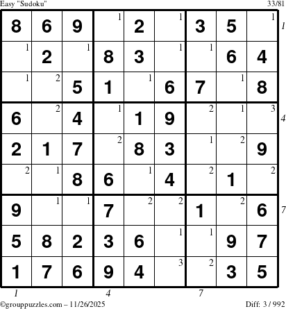 The grouppuzzles.com Easy Sudoku puzzle for Wednesday November 26, 2025, suitable for printing, with all 3 steps marked