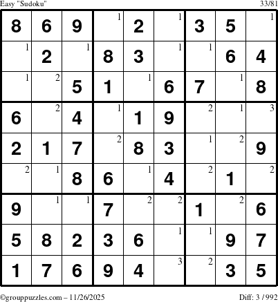The grouppuzzles.com Easy Sudoku puzzle for Wednesday November 26, 2025 with the first 3 steps marked