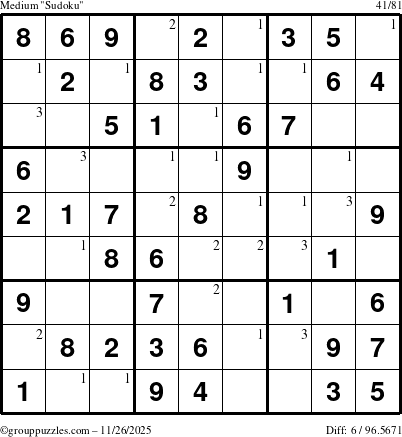 The grouppuzzles.com Medium Sudoku puzzle for Wednesday November 26, 2025 with the first 3 steps marked