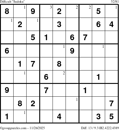 The grouppuzzles.com Difficult Sudoku puzzle for Wednesday November 26, 2025 with the first 3 steps marked