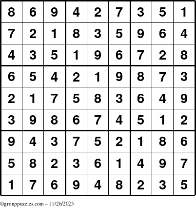 The grouppuzzles.com Answer grid for the Sudoku puzzle for Wednesday November 26, 2025