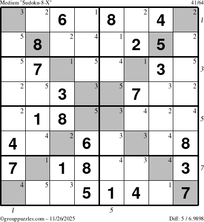 The grouppuzzles.com Medium Sudoku-8-X puzzle for Wednesday November 26, 2025 with all 5 steps marked