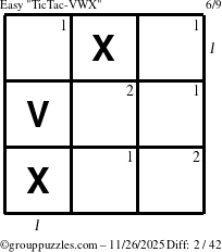 The grouppuzzles.com Easy TicTac-VWX puzzle for Wednesday November 26, 2025, suitable for printing, with all 2 steps marked