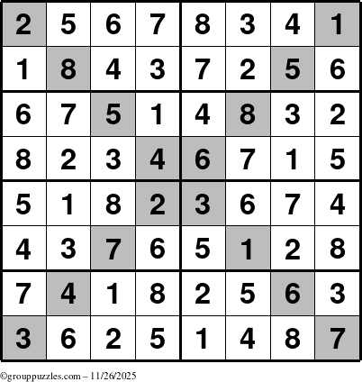 The grouppuzzles.com Answer grid for the Sudoku-8-X puzzle for Wednesday November 26, 2025