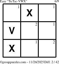 The grouppuzzles.com Easy TicTac-VWX puzzle for Wednesday November 26, 2025 with the first 2 steps marked
