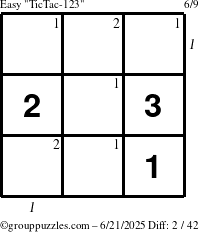 The grouppuzzles.com Easy TicTac-123 puzzle for Saturday June 21, 2025 with all 2 steps marked