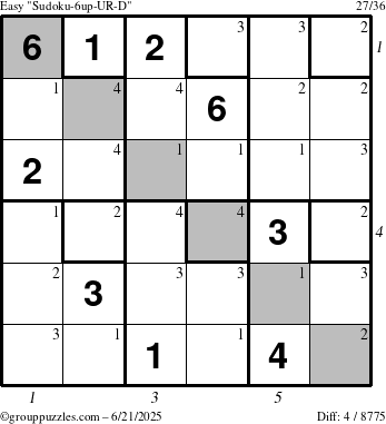 The grouppuzzles.com Easy Sudoku-6up-UR-D puzzle for Saturday June 21, 2025, suitable for printing, with all 4 steps marked