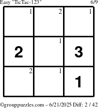 The grouppuzzles.com Easy TicTac-123 puzzle for Saturday June 21, 2025 with the first 2 steps marked