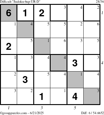 The grouppuzzles.com Difficult Sudoku-6up-UR-D puzzle for Saturday June 21, 2025 with all 6 steps marked