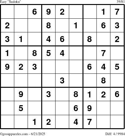 The grouppuzzles.com Easy Sudoku puzzle for Saturday June 21, 2025
