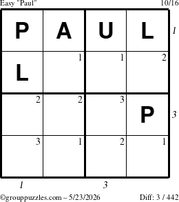 The grouppuzzles.com Easy Paul puzzle for Saturday May 23, 2026 with all 3 steps marked