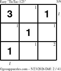 The grouppuzzles.com Easy TicTac-123 puzzle for Saturday May 23, 2026 with all 2 steps marked