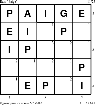 The grouppuzzles.com Easy Paige puzzle for Saturday May 23, 2026 with all 3 steps marked