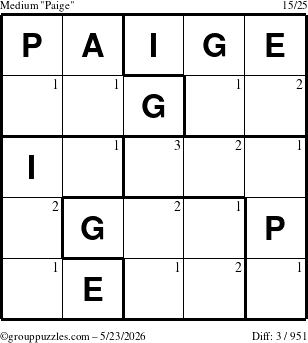 The grouppuzzles.com Medium Paige puzzle for Saturday May 23, 2026 with the first 3 steps marked