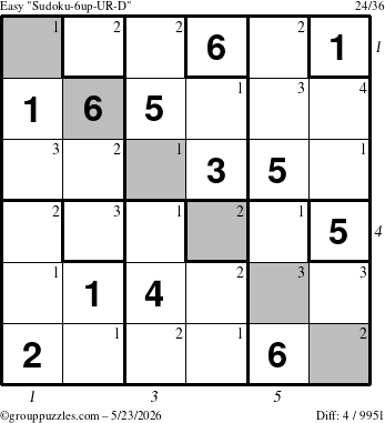 The grouppuzzles.com Easy Sudoku-6up-UR-D puzzle for Saturday May 23, 2026 with all 4 steps marked