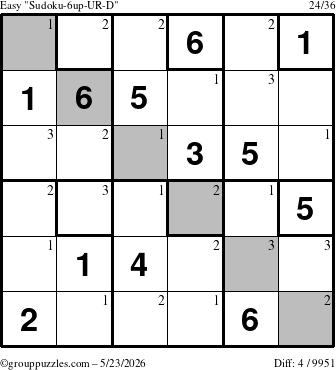 The grouppuzzles.com Easy Sudoku-6up-UR-D puzzle for Saturday May 23, 2026 with the first 3 steps marked