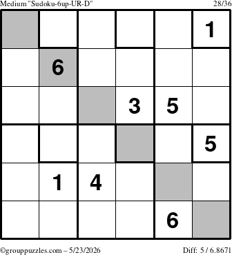 The grouppuzzles.com Medium Sudoku-6up-UR-D puzzle for Saturday May 23, 2026