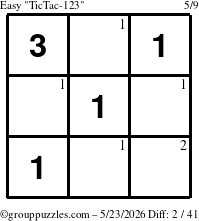 The grouppuzzles.com Easy TicTac-123 puzzle for Saturday May 23, 2026 with the first 2 steps marked