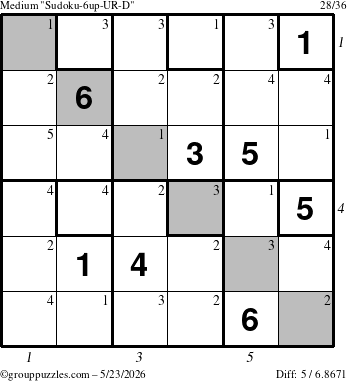 The grouppuzzles.com Medium Sudoku-6up-UR-D puzzle for Saturday May 23, 2026, suitable for printing, with all 5 steps marked