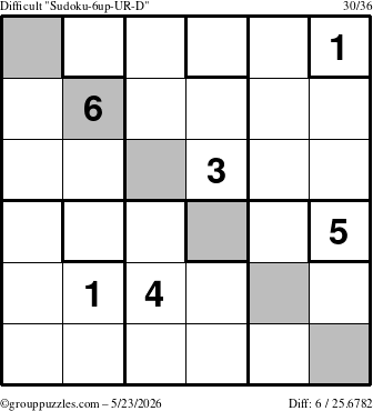 The grouppuzzles.com Difficult Sudoku-6up-UR-D puzzle for Saturday May 23, 2026
