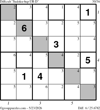 The grouppuzzles.com Difficult Sudoku-6up-UR-D puzzle for Saturday May 23, 2026, suitable for printing, with all 6 steps marked