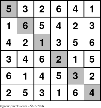 The grouppuzzles.com Answer grid for the Sudoku-6up-UR-D puzzle for Saturday May 23, 2026