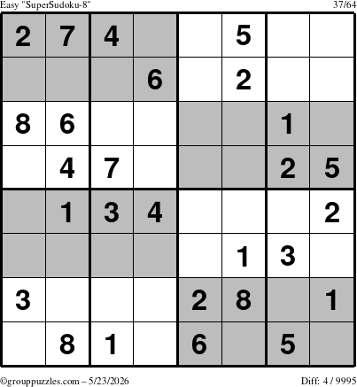 The grouppuzzles.com Easy SuperSudoku-8 puzzle for Saturday May 23, 2026
