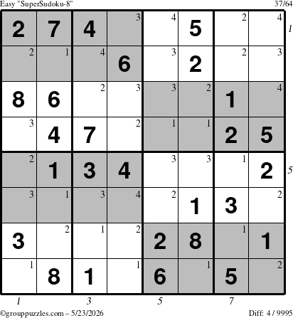 The grouppuzzles.com Easy SuperSudoku-8 puzzle for Saturday May 23, 2026 with all 4 steps marked
