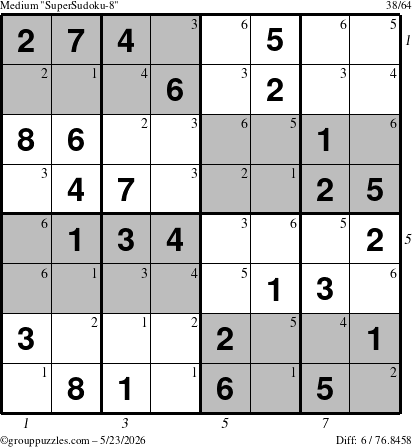 The grouppuzzles.com Medium SuperSudoku-8 puzzle for Saturday May 23, 2026, suitable for printing, with all 6 steps marked