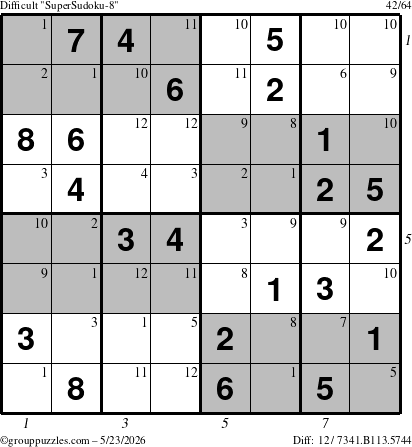 The grouppuzzles.com Difficult SuperSudoku-8 puzzle for Saturday May 23, 2026 with all 12 steps marked