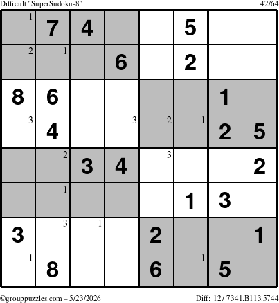 The grouppuzzles.com Difficult SuperSudoku-8 puzzle for Saturday May 23, 2026 with the first 3 steps marked