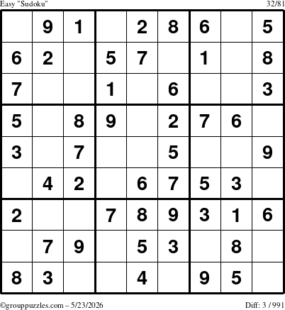 The grouppuzzles.com Easy Sudoku puzzle for Saturday May 23, 2026