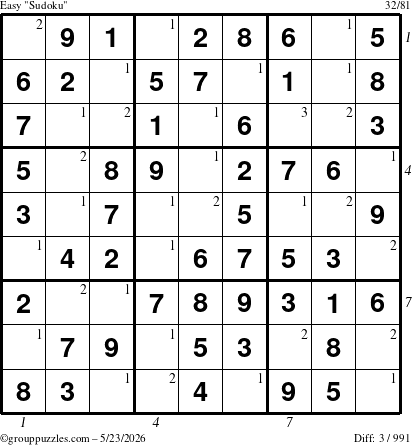 The grouppuzzles.com Easy Sudoku puzzle for Saturday May 23, 2026 with all 3 steps marked