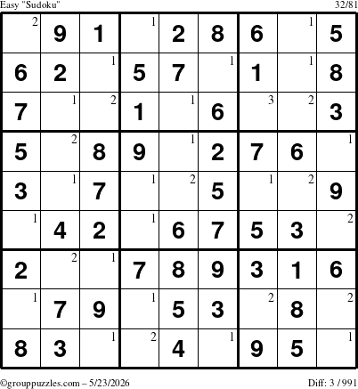 The grouppuzzles.com Easy Sudoku puzzle for Saturday May 23, 2026 with the first 3 steps marked
