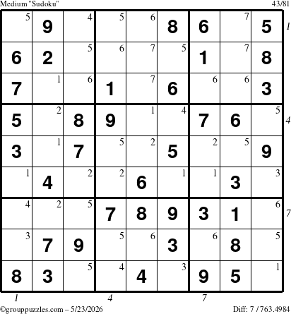 The grouppuzzles.com Medium Sudoku puzzle for Saturday May 23, 2026, suitable for printing, with all 7 steps marked