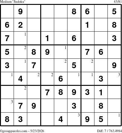 The grouppuzzles.com Medium Sudoku puzzle for Saturday May 23, 2026 with the first 3 steps marked