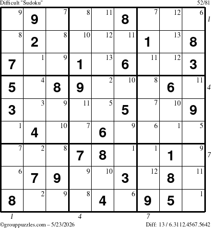 The grouppuzzles.com Difficult Sudoku puzzle for Saturday May 23, 2026 with all 13 steps marked