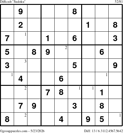 The grouppuzzles.com Difficult Sudoku puzzle for Saturday May 23, 2026 with the first 3 steps marked
