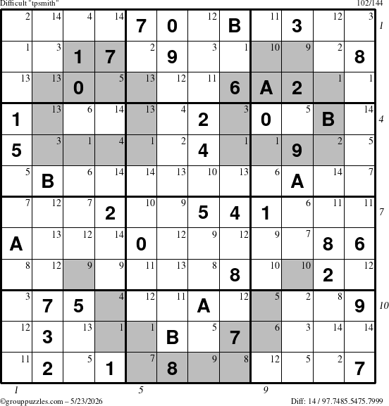 The grouppuzzles.com Difficult tpsmith puzzle for Saturday May 23, 2026, suitable for printing, with all 14 steps marked