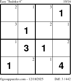 The grouppuzzles.com Easy Sudoku-4 puzzle for Thursday December 18, 2025 with the first 3 steps marked