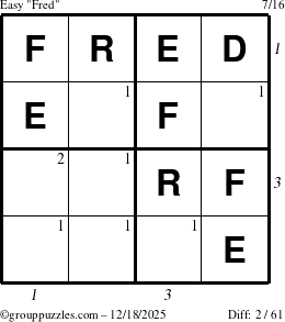 The grouppuzzles.com Easy Fred puzzle for Thursday December 18, 2025, suitable for printing, with all 2 steps marked