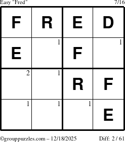 The grouppuzzles.com Easy Fred puzzle for Thursday December 18, 2025 with the first 2 steps marked
