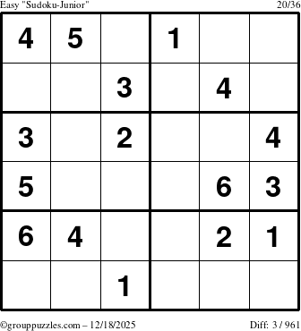The grouppuzzles.com Easy Sudoku-Junior puzzle for Thursday December 18, 2025